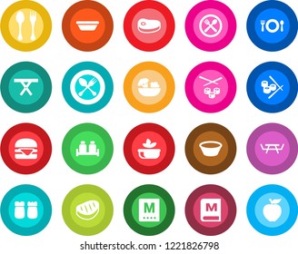 Round color solid flat icon set - spoon and fork vector, picnic table, cafe, menu, salad, salt pepper, steak, hamburger, bowl, sushi, apple fruit