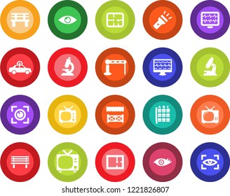 Round color solid flat icon set - barrier vector, tv, alarm car, seat map, bench, monitor pulse, microscope, eye, torch, plan, alcove, scan