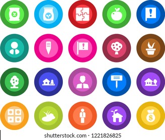 Round color solid flat icon set - manager vector, seedling, plant label, pond, fertilizer, important flag, application, house with tree, fruit, estate agent, apple, eco, money bag