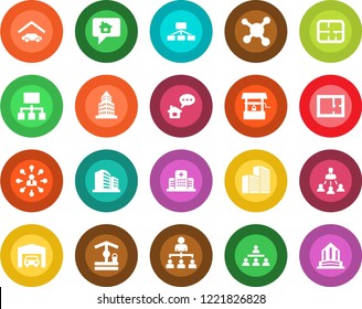 Round color solid flat icon set - hierarchy vector, well, hospital, molecule, office building, garage, plan, home message