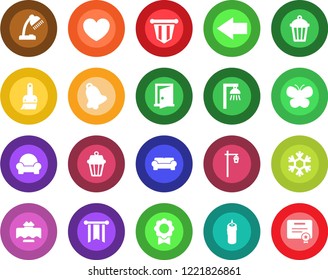 Round color solid flat icon set - left arrow vector, pennant, butterfly, garden light, heart, themes, bell, sertificate, desk lamp, cushioned furniture, restaurant table, candle, snowflake, outdoor