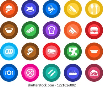 Round color solid flat icon set - spoon and fork vector, cafe, plates, bacon, waiter, bread, chicken, steak, kebab, hamburger, bowl, rolling pin, sushi, cheese