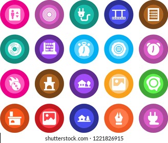 Round color solid flat icon set - elevator vector, alarm clock, abacus, stamp, fireplace, film frame, vinyl, flame disk, gallery, ink pen, house with tree, power plug