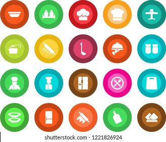 Round color solid flat icon set - fridge vector, cook, restaurant table, cafe, hat, plates, waiter, salt and pepper, ladle, bowl, rolling pin, cutting board, steaming pan, serviette