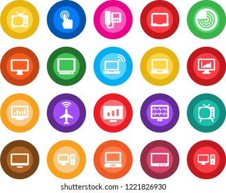 Round color solid flat icon set - plane radar vector, wireless notebook, pc, statistic monitor, pulse, tv, touch screen, laptop, statistics, intercome