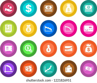 Round color solid flat icon set - credit card vector, safe, dollar sign, money bag, crisis graph, cash, receipt, wallet, growth, search, investment