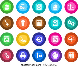 Round color solid flat icon set - washer vector, fork loader, gear, ripper, lawn mower, tomography, printer, copier, crane, water filter, combination lock