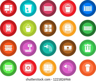Round color solid flat icon set - trash bin vector, checkroom, bucket, watering, railroad, truck trailer, cargo container, consolidated, oil barrel, heavy scales, archive box, water filter