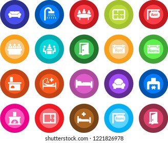 Round color solid flat icon set - bed vector, shower, meeting, fireplace, hospital, plan, rent, rooms, cushioned furniture, door