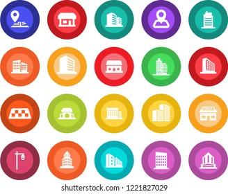 Round color solid flat icon set - taxi vector, office building, garden light, navigation, store, city house, cafe