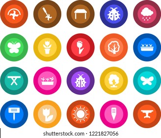 Round color solid flat icon set - sun vector, flower in pot, ripper, tree, butterfly, lady bug, seedling, rain, plant label, picnic table, tulip