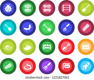 Round color solid flat icon set - job vector, garden fork, shovel, lady bug, caterpillar, pond, rack, rent, bacon, open close, rocket