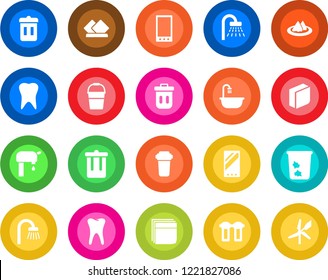 Round color solid flat icon set - trash bin vector, shower, bucket, tooth, mobile, blank box, water supply, bathroom, serviette, filter, windmill