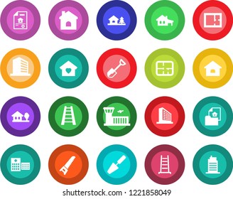 Round color solid flat icon set - airport building vector, office, trowel, shovel, ladder, saw, house, hospital, with garage, tree, plan, estate document, sweet home, city