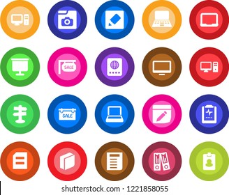 Round color solid flat icon set - passport vector, office binder, notebook pc, document, pulse clipboard, signpost, monitor, notes, photo gallery, presentation board, blank box, sale, pass card