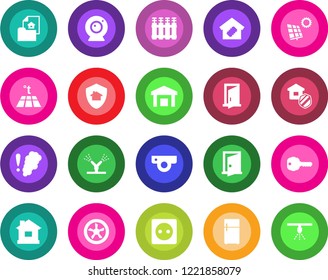 Round color solid flat icon set - house vector, warehouse, sun panel, estate document, key, smart home, insurance, socket, fan, irrigation, web camera, smoke detector, radiator, warm floor, protect