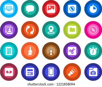 Round color solid flat icon set - mobile phone vector, antenna, message, update, gallery, themes, calculator, alarm, stopwatch, mail, record, sim, folder, torch, cut, place tag, compass, photo