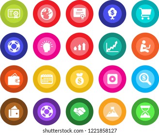 Round color solid flat icon set - rec button vector, arrow up graph, shining head, motivation, handshake, wallet, money bag, earth, growth, search, calendar, cart, crisis management, certificate