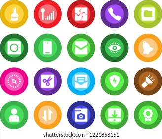 Round color solid flat icon set - phone back vector, call, protect, themes, user, bell, mail, record, folder, data exchange, download, torch, cut, compass, eye id, photo gallery, cellular signal