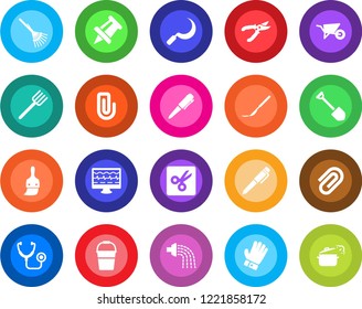 Round color solid flat icon set - pen vector, drawing pin, job, farm fork, rake, wheelbarrow, bucket, watering, pruner, glove, sickle, monitor pulse, stethoscope, scalpel, themes, cut, paper clip