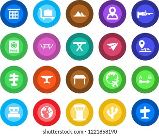 Round color solid flat icon set - airport tower vector, baggage trolley, passport, boarding, flight table, plane globe, picnic, route, signpost, navigation, mountains, bedroom, earth, paper