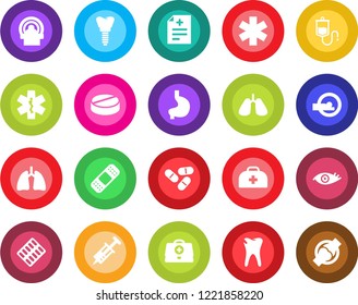 Round color solid flat icon set - doctor case vector, diagnosis, syringe, dropper, pills, blister, patch, tomography, ambulance star, stomach, lungs, caries, implant, eye, joint