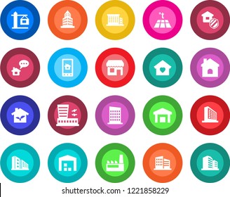 Round color solid flat icon set - airport building vector, office, house, warehouse, sweet home, city, crane, factory, estate insurance, eco, control app, warm floor, message, storefront