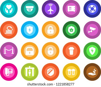 Round color solid flat icon set - plane radar vector, fence, security gate, safe, lock, hose, heart hand, shield, protect, estate insurance, intercome, water filter, surveillance, crisis management