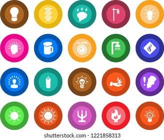 Round color solid flat icon set - sun vector, brainstorm, bulb, fire, garden light, traffic, beer, candle, smoke detector, outdoor lamp, alarm led, palm sproute, shining head, idea