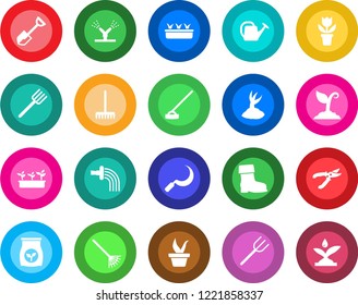Round color solid flat icon set - flower in pot vector, shovel, farm fork, rake, seedling, watering can, sproute, pruner, boot, hoe, sickle, fertilizer, irrigation