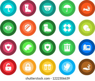 Round color solid flat icon set - trash bin vector, glove, boot, patch, heart shield, umbrella, eye id, lock, intercome, water filter, home protect, surveillance, palm sproute