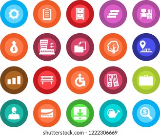 Round color solid flat icon set - airport building vector, case, office binder, desk, tree, watering can, sun, bench, disabled, navigation, folder document, sorting, download, clipboard, support