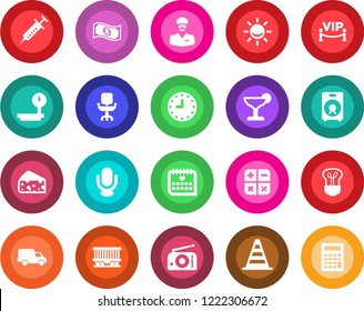 Round color solid flat icon set - border cone vector, calculator, syringe, medical calendar, doctor, railroad, car delivery, clock, heavy scales, radio, microphone, speaker, office chair, cocktail