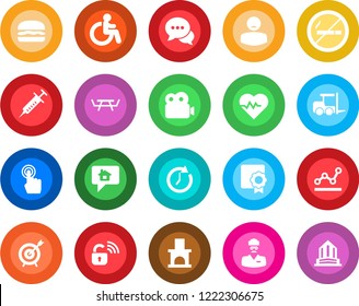 Round color solid flat icon set - no smoking vector, disabled, fork loader, fireplace, picnic table, heart pulse, syringe, doctor, patient, touch screen, dialog, video, sertificate, point graph