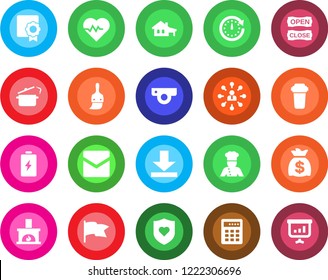 Round color solid flat icon set - hierarchy vector, money bag, heart pulse, shield, themes, mail, download, sertificate, house with garage, fireplace, cook, open close, steaming pan, web camera