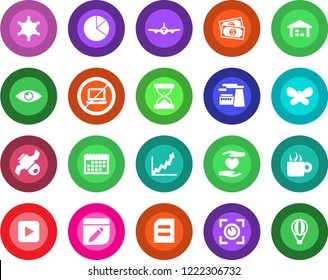 Round color solid flat icon set - no laptop vector, plane, document, factory, butterfly, heart hand, eye, satellite, cash, play button, notes, calendar, pie graph, warehouse, coffee, scan, police