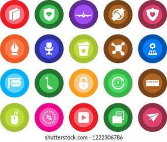 Round color solid flat icon set - plane vector, lock, mouse, coffee, heart shield, joint, molecule, folder document, play button, compass, ink pen, office chair, blank box, sun panel, rooms, ladle