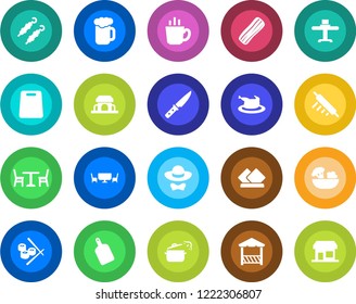 Round color solid flat icon set - cafe vector, restaurant table, coffee, beer, salad, bacon, building, dress code, alcove, chicken, kebab, rolling pin, cutting board, knife, steaming pan, sushi