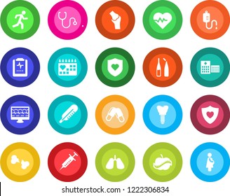 Round color solid flat icon set - heart pulse vector, monitor, stethoscope, syringe, dropper, thermometer, pills, ampoule, run, shield, lungs, implant, joint, broken bone, medical calendar, diet