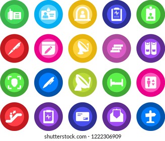 Round color solid flat icon set - satellite antenna vector, elevator, escalator, reception, identity card, book, pen, pulse clipboard, office phone, mail, notes, face id, paper tray, bedroom