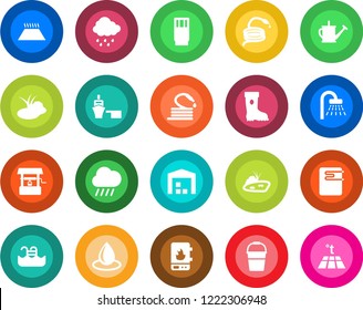 Round color solid flat icon set - shower vector, watering can, bucket, boot, water drop, rain, well, hose, pond, sea port, pool, warehouse, drink, heater, warm floor