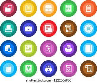 Round color solid flat icon set - passport vector, notepad, document reload, stamp, contract, receipt, folder, clipboard, case, news, search, printer, paper tray, archive box, copier, estate