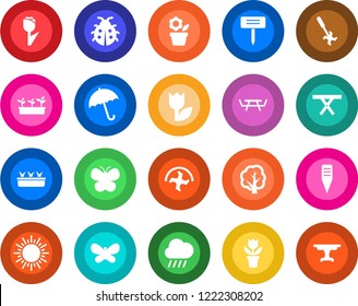 Round color solid flat icon set - umbrella vector, sun, flower in pot, ripper, tree, butterfly, lady bug, seedling, rain, plant label, picnic table, tulip