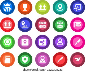 Round color solid flat icon set - vip vector, pen, stamp, heart shield, navigation, pin, fragile, up side sign, sd, cut, place tag, sale, open close, paper plane