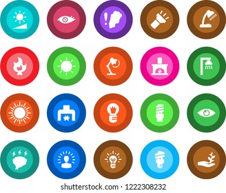 Round color solid flat icon set - sun vector, brainstorm, bulb, fire, eye, torch, brightness, desk lamp, fireplace, smoke detector, energy saving, outdoor, shining head, idea, palm sproute