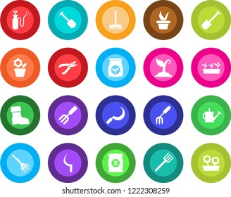 Round color solid flat icon set - job vector, flower in pot, garden fork, shovel, farm, rake, seedling, watering can, sproute, pruner, boot, sickle, sprayer, fertilizer