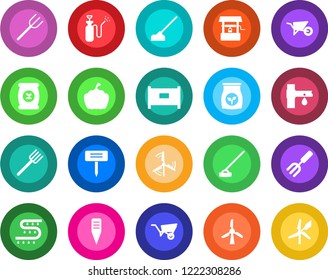 Round color solid flat icon set - fence vector, garden fork, farm, wheelbarrow, well, hoe, plant label, pumpkin, sprayer, fertilizer, drip irrigation, windmill