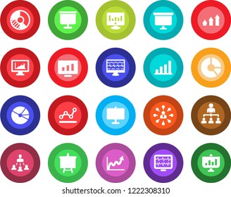 Round color solid flat icon set - hierarchy vector, presentation board, statistic monitor, circle chart, pulse, statistics, bar graph, pie, point, arrow up, growth