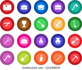 Round color solid flat icon set - suitcase vector, job, shovel, farm fork, pruner, axe, scalpel, fragile, themes, case, stamp, ladle, hard work