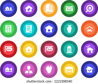 Round color solid flat icon set - office building vector, real heart, contract, house, with tree, garage, rent, sold signboard, estate search, agent, smart home, city, eco